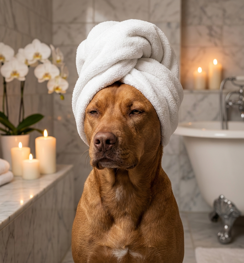 Fluffy dog spa portrait relaxing with cucumber treatment